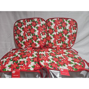 SET OF 4 CHAIR PAD CUSHIONS w/red ties,13.75"x15", CHRISTMAS POINSETTIA # 4, New